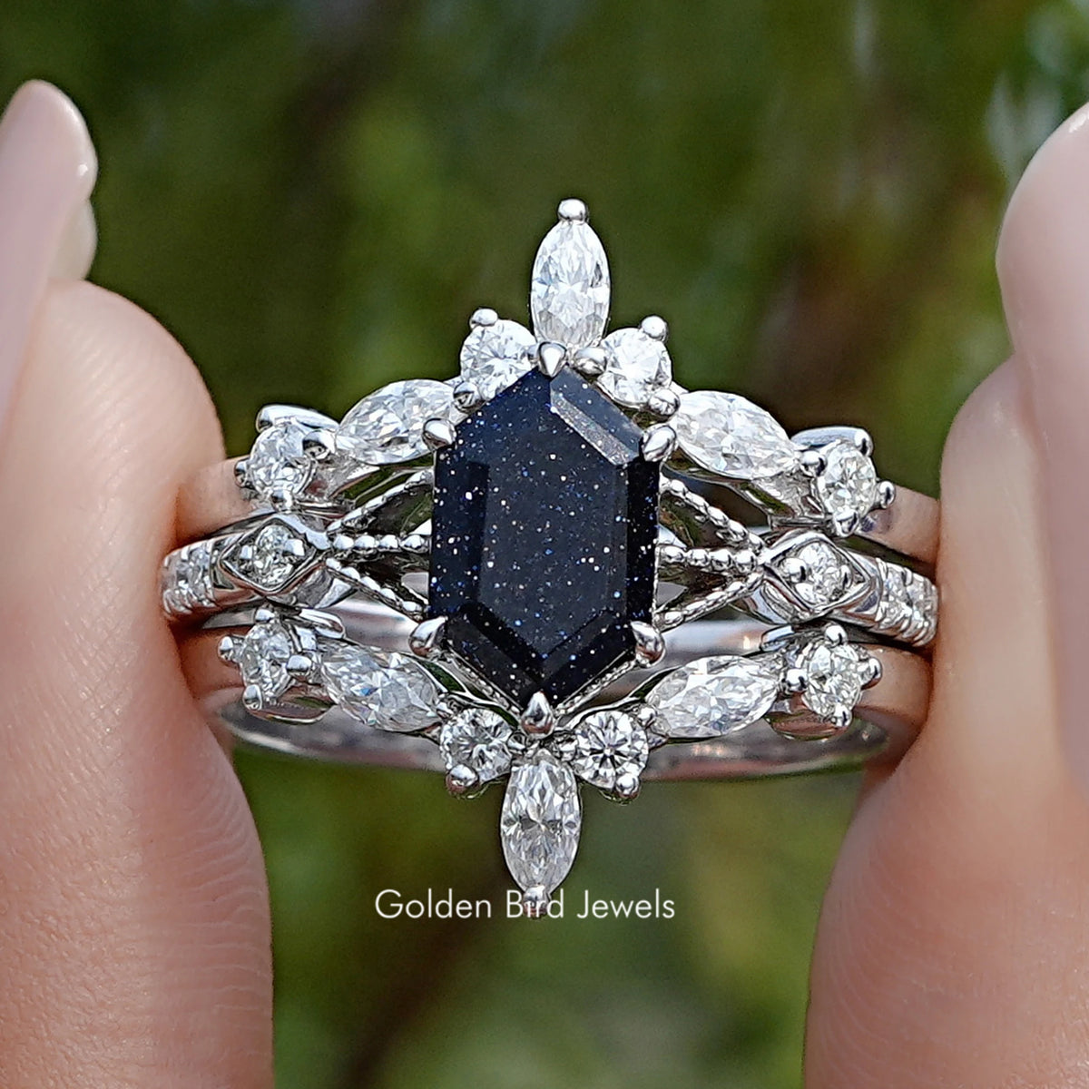 Blue Hexagon Gemstone Bridal Ring Set