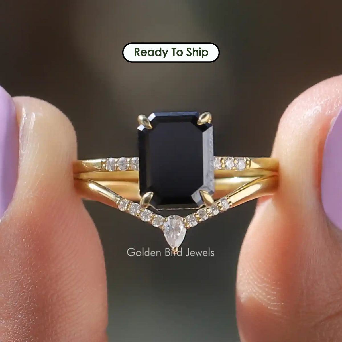 Black Emerald Cut Moissanite Bridal Ring Set