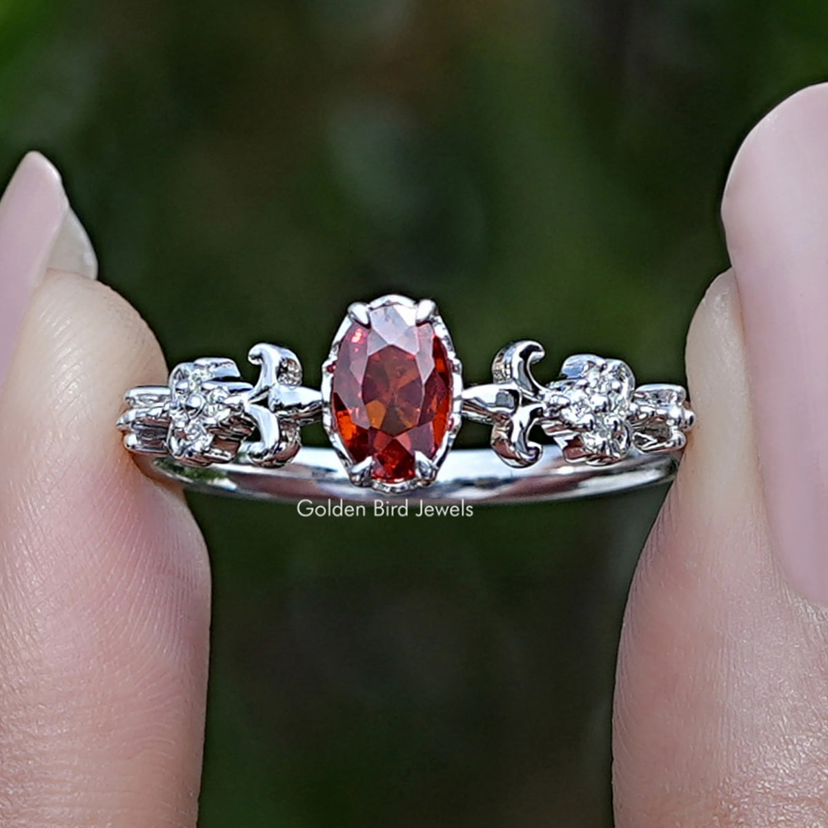 Red Ruby Oval Cut Gemstone Accent Engagement Ring