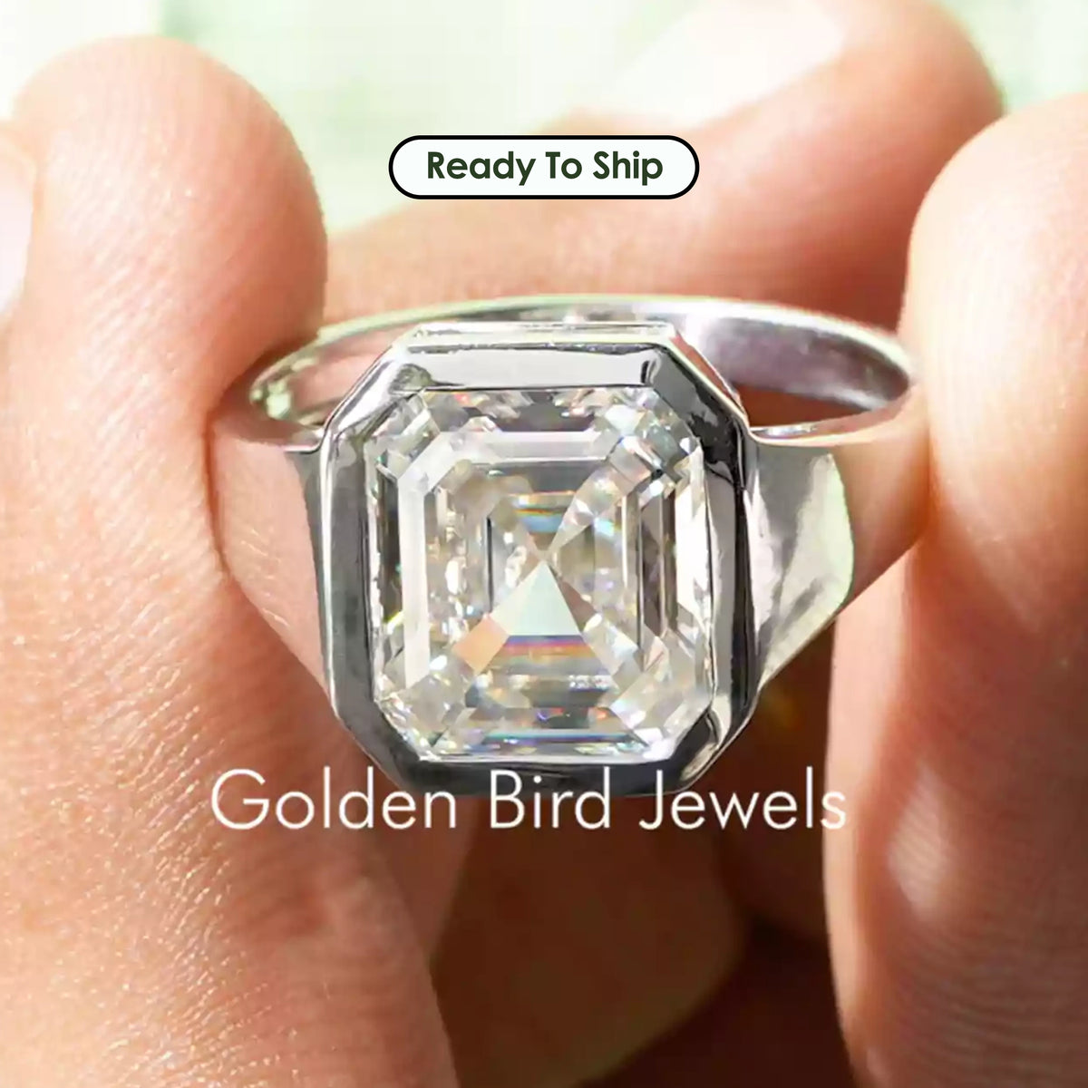 Asscher Cut Moissanite Bezel Set Solitaire Ring