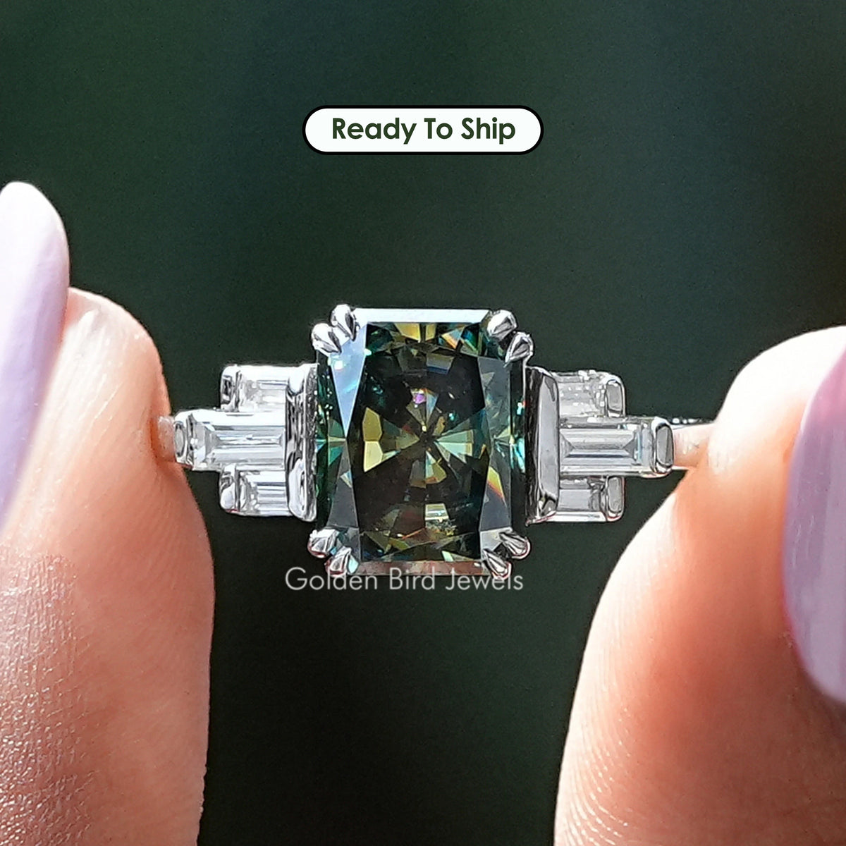 Green Radiant Cut Moissanite Engagement Ring