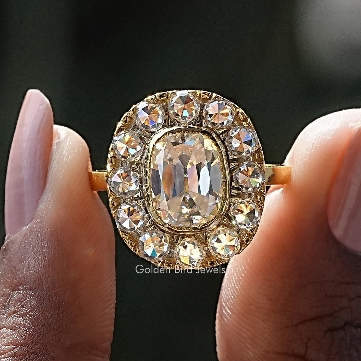 Elongated Old Mine Cushion Moissanite Ring