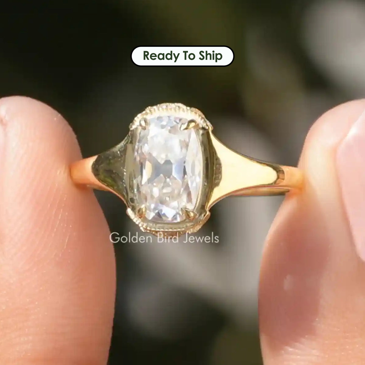 Elongated Old Mine Cushion Cut Moissanite Ring