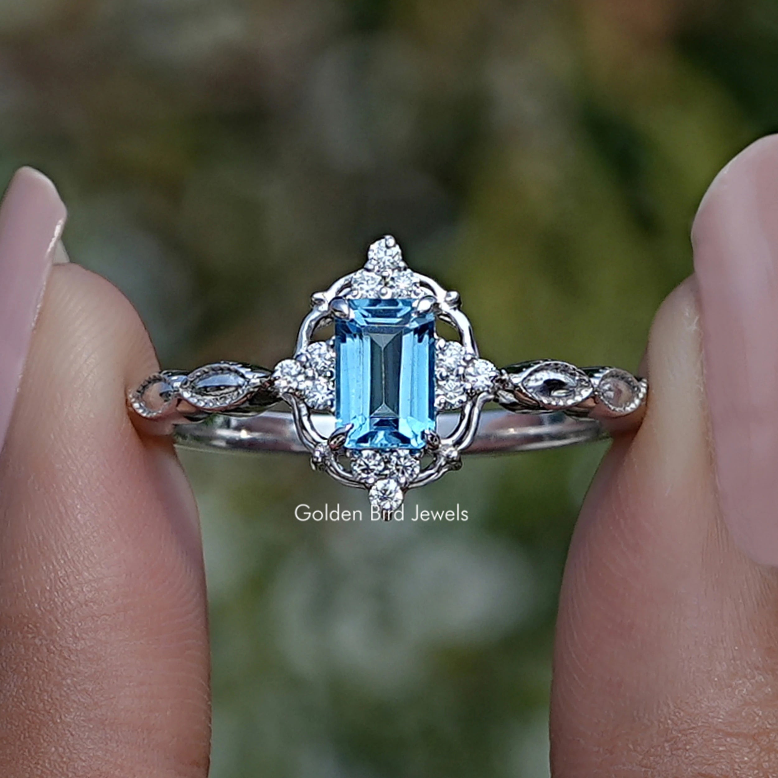 Emerald Cut London Blue Topaz Halo Ring – goldenbirdjewels