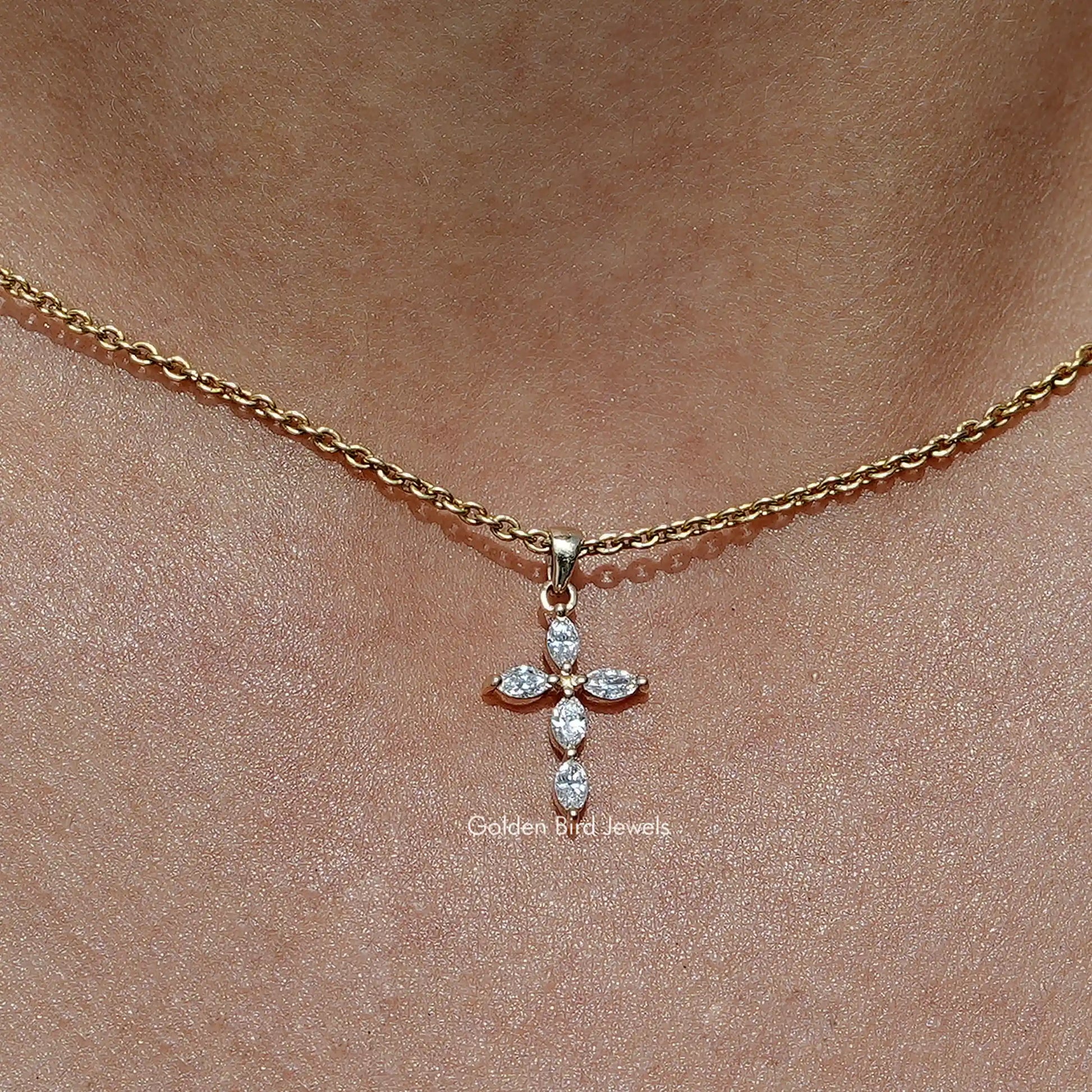 Close up view Marquise Cut Lab Diamond Cross Pendant