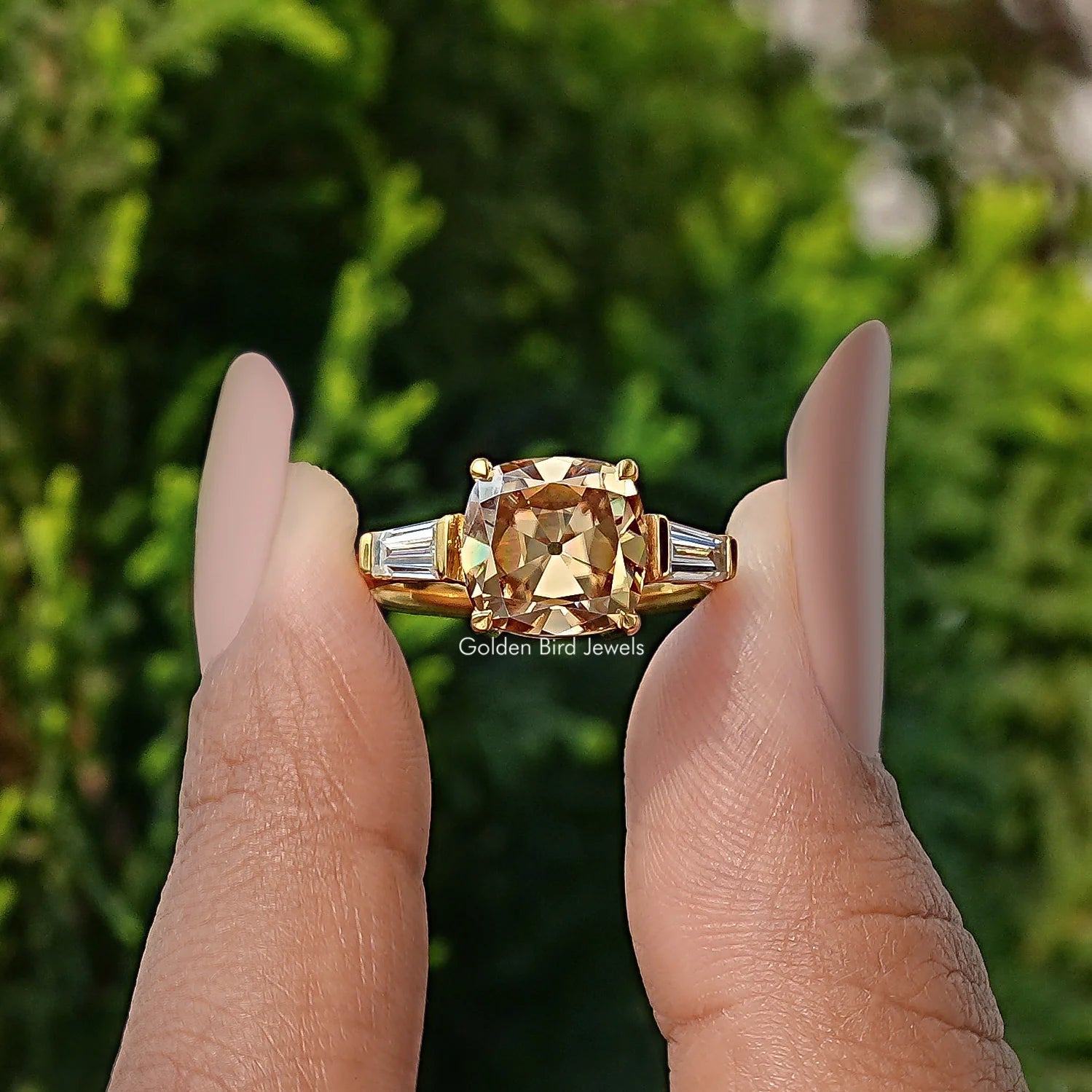 Old Mine Square Cushion Cut 3 Stone Engagement Ring