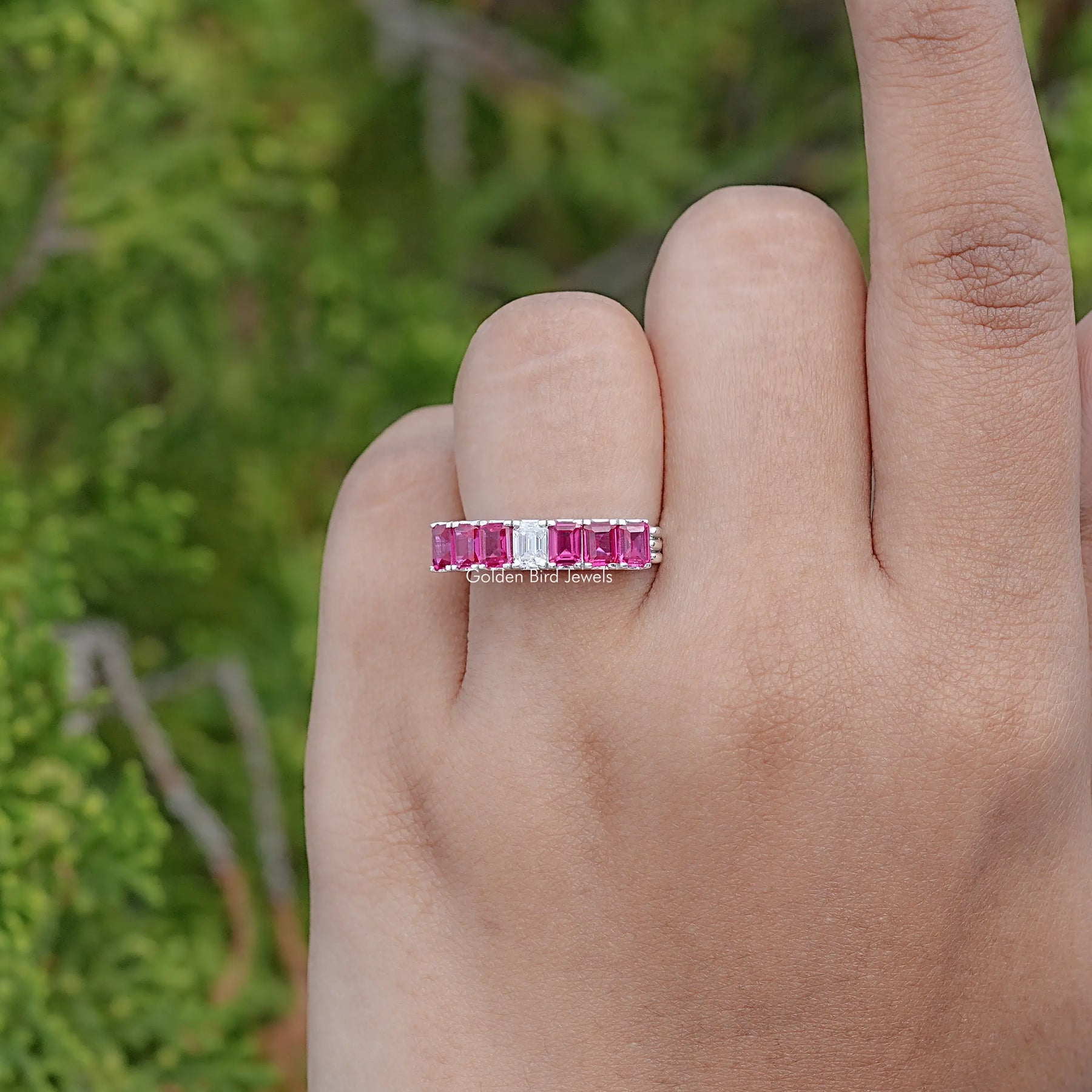 Red Ruby Emerald Shaped Gemstone Seven Stone Band