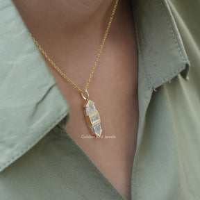 [In neck side view of baguette cut moissanite pendant]-[Golden Bird Jewels]
