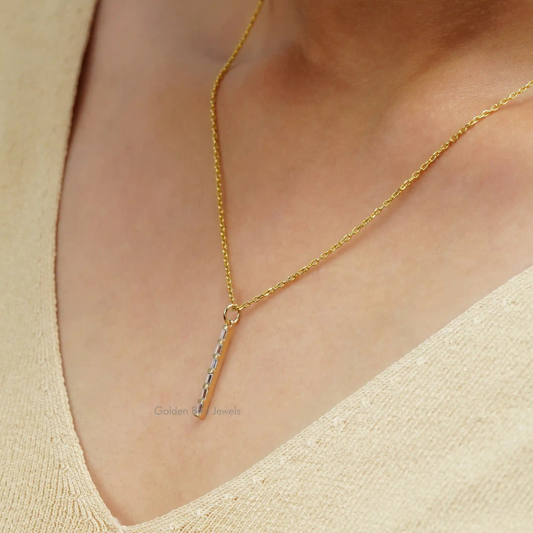 [This moissanite baguette cut vertical and minimalist bar pendant crafted with vvs clarity]-[Golden Bird Jewels]
