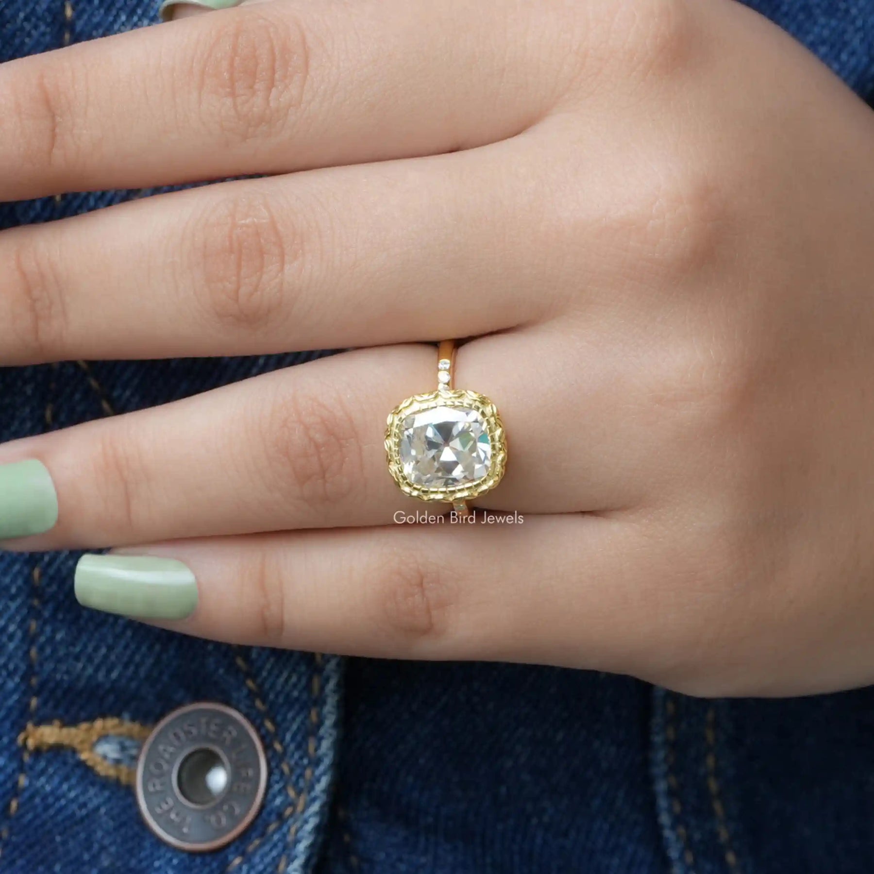 [Cushion and round cut bezel set ring made of 14k yellow gold]-[Golden Bird Jewels]