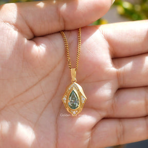 [Front view of pear and round cut moissanite pendant made of yellow gold]-[Golden Bird Jewels]