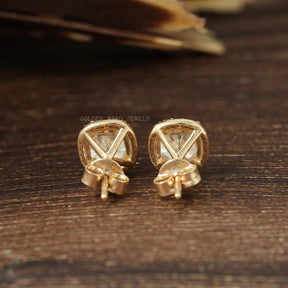 [Back view of cushion cut halo stud earrings made of yellow gold]-[Golden Bird Jewels]