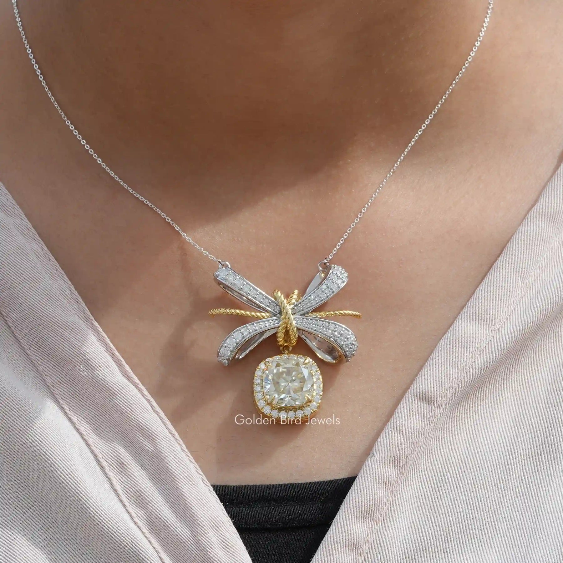 [In neck front view of cushion cut halo pendant made of yellow and white gold]-[Golden Bird Jewels]