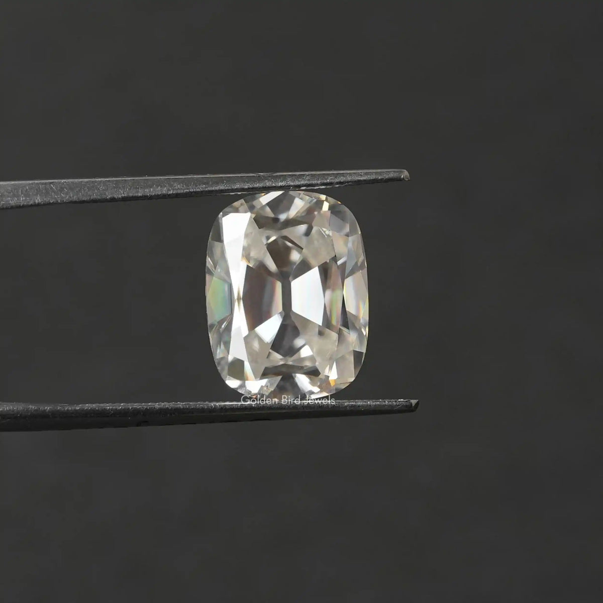 [In twizzer front view of cushion cut loose moissanite]-[Golden Bird Jewels]