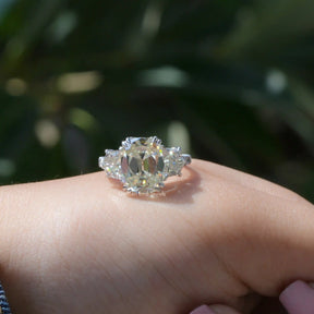[Front view of cushion cut three stone moissanite ring]-[Golden Bird Jewels]