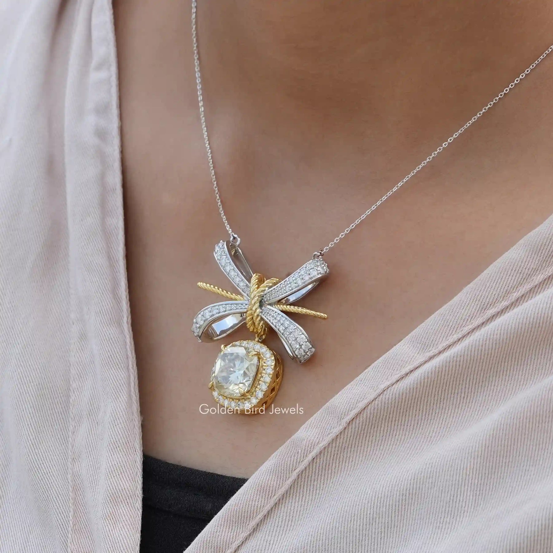 [In neck front view of yellow and white gold cushion halo pendant]-[Golden Bird Jewels]
