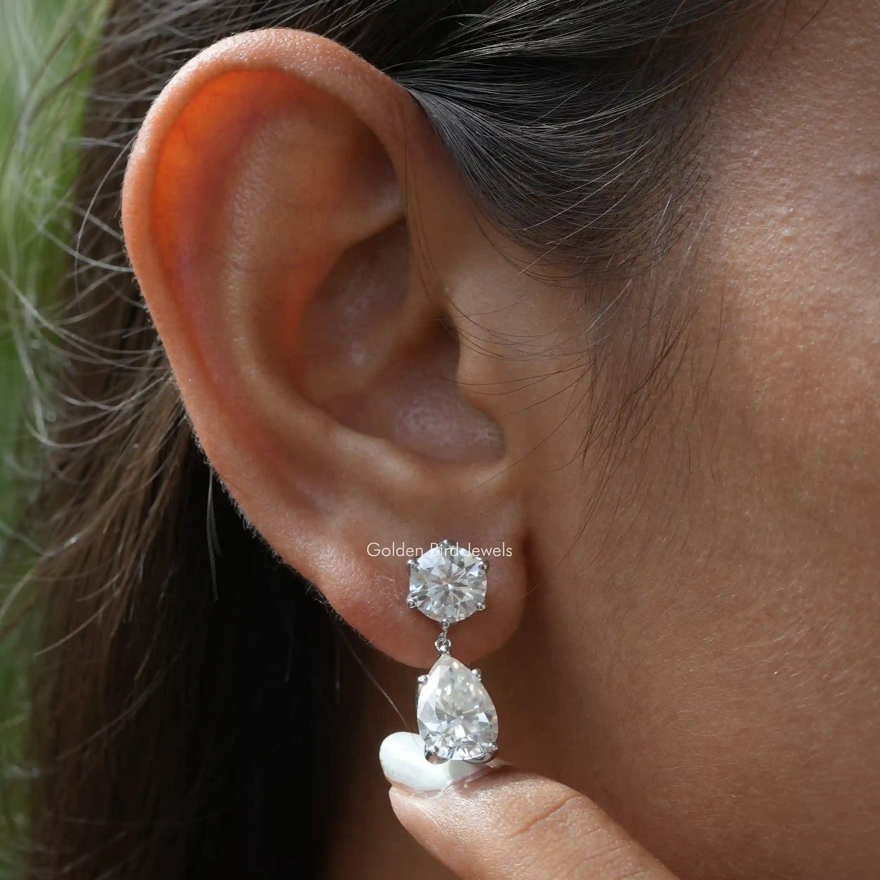 [In ear front view of moissanite pear and round cut earrings]-[Golden Bird Jewels]