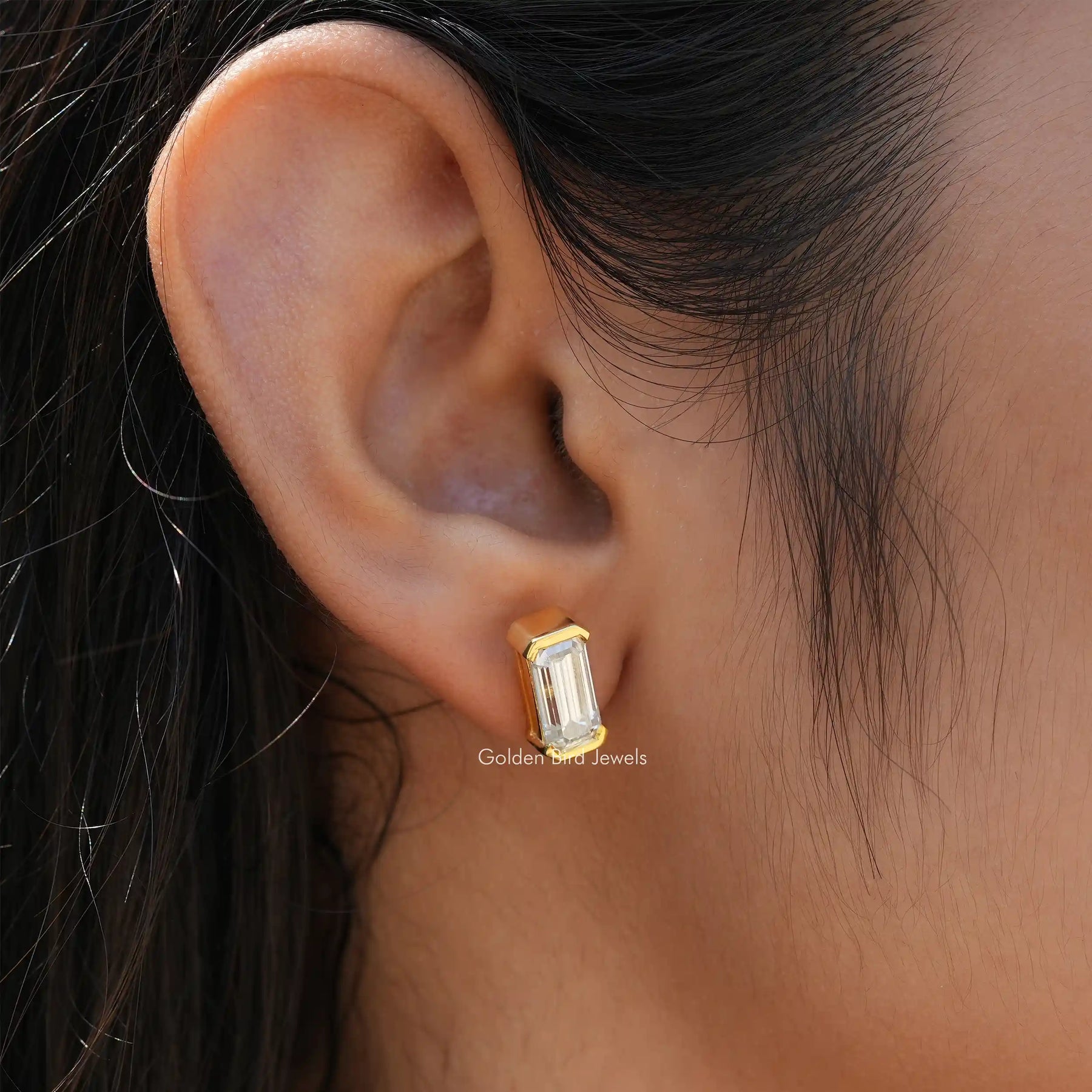 [Moissanite emerald cut stud earrings set in bezel setting]-[Golden Bird Jewels]