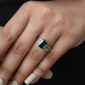 [In Finger a Dark Green Emerald Cut Moissanite Ring With Double Prong Set]-[Golden Bird Jewels]