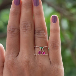 [In finger front view of green marquise and red heart cut multi stone ring in 18k white gold]-[Golden Bird Jewels]