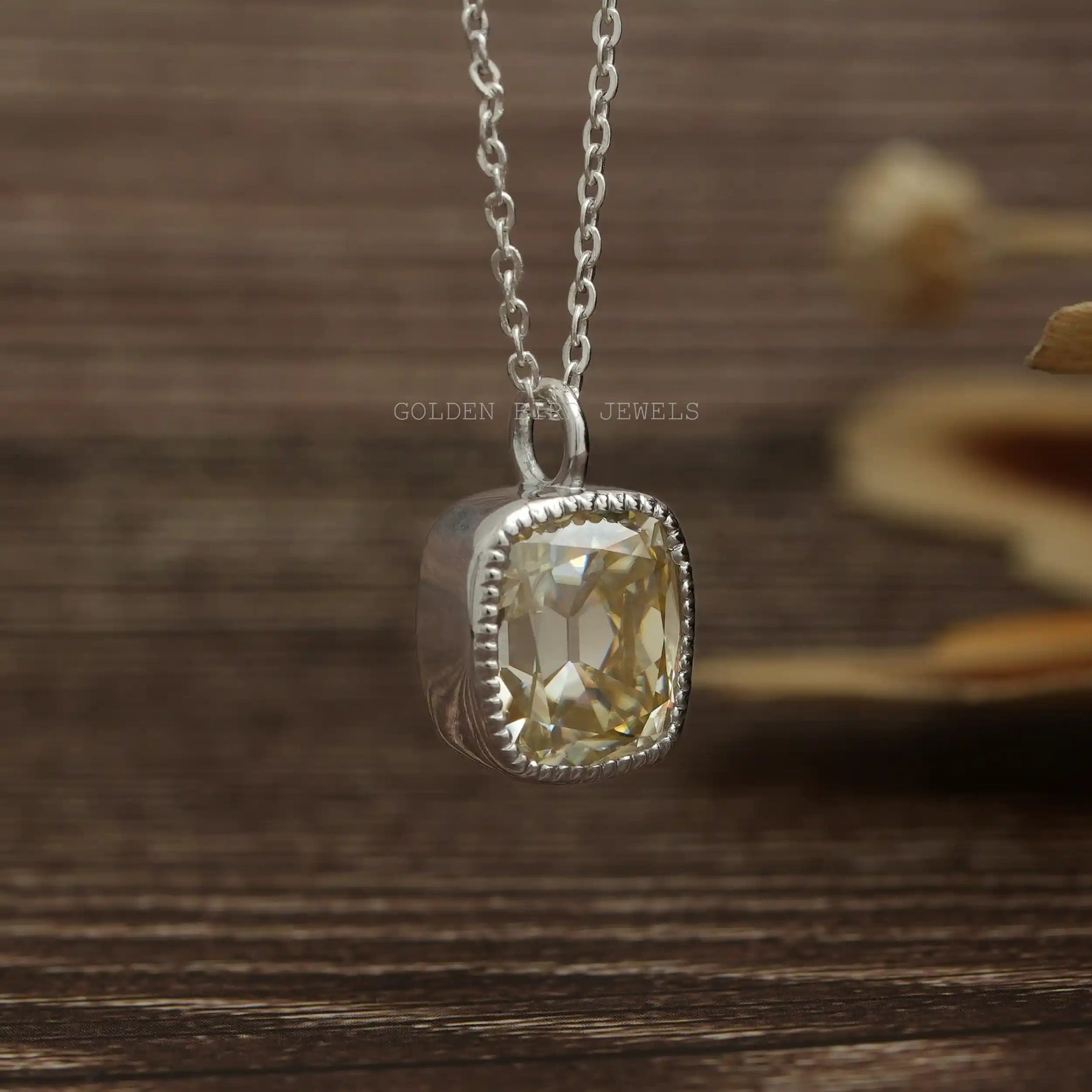 [Front view of yellow cushion cut moissanite pendant]-[Golden Bird Jewels]
