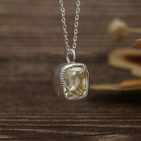 [Front view of yellow cushion cut moissanite pendant]-[Golden Bird Jewels]