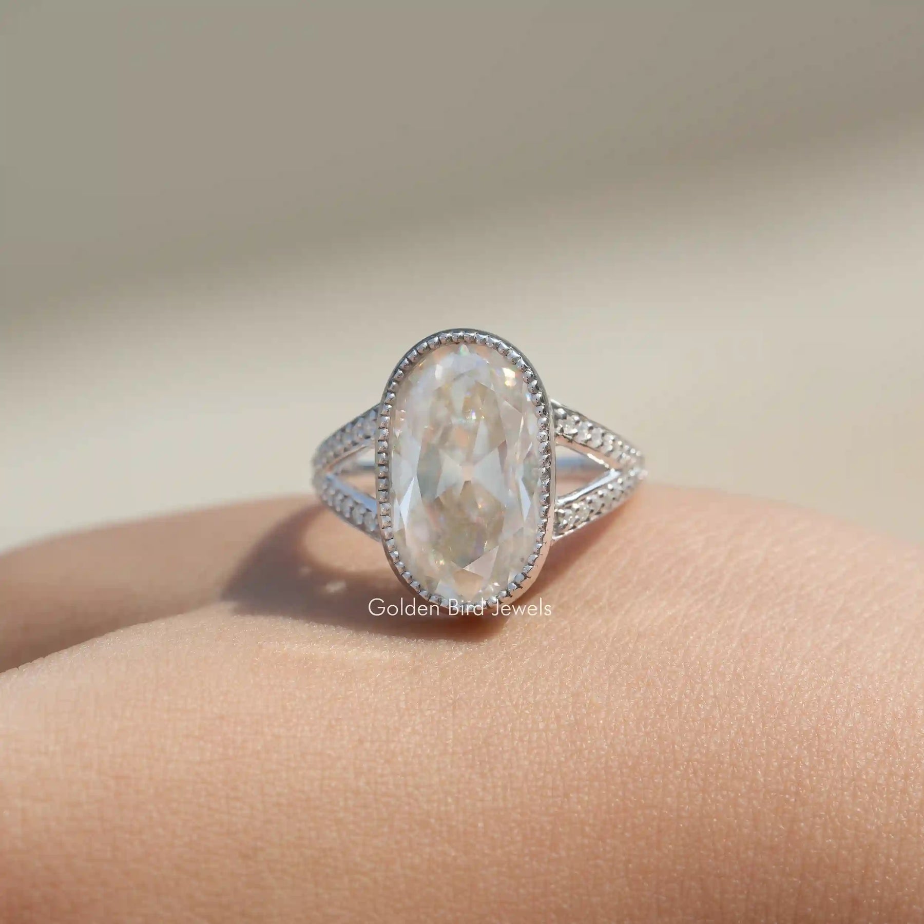 [Old Mine Oval Cut Moissanite Ring Made In 18k White Gold]-[Golden Bird Jewels]