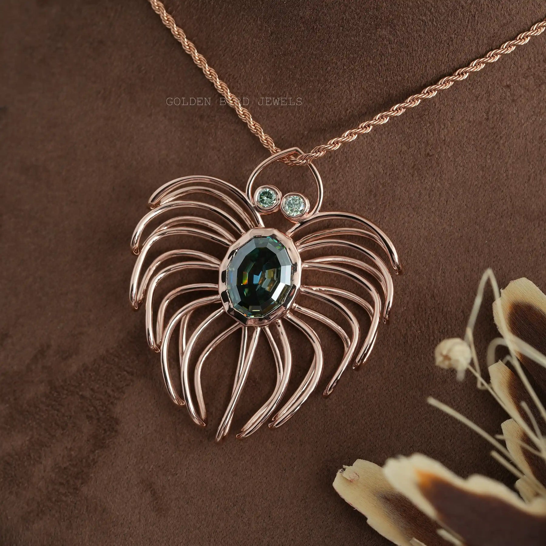 [Rose gold blue green oval cut moissanite pendant]-[Golden Bird Jewels]