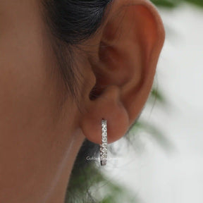 [In ear front view of round cut moissanite earrings]-[Golden Bird Jewels]
