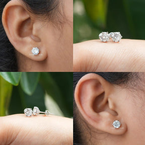 A collage of a pair of Colorless Portuguese Moissanite Stud Earrings 