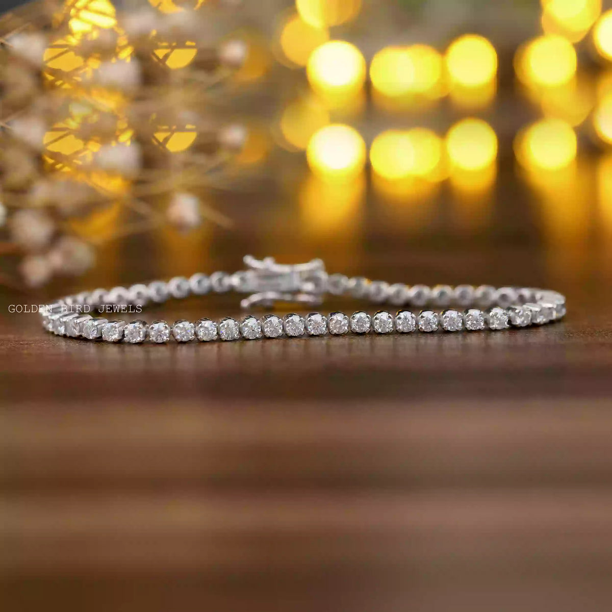 [Front view of round cut moissanite round cut tennis bracelet made of 14k white gold]-[Golden Bird Jewels]
