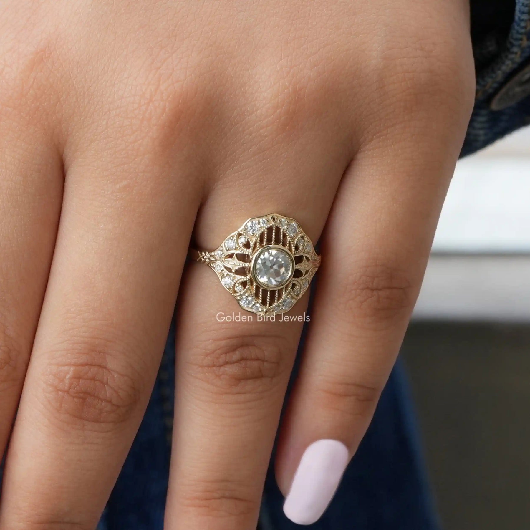 [In finger front view of round cut vintage style ring made of 14k yellow gold]-[Golden Bird Jewels]