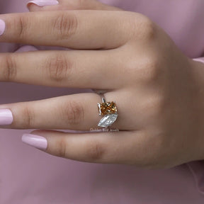 [In finger front view of marquise and radiant cut toi et moi moissanite ring]-[Golden Bird Jewels]