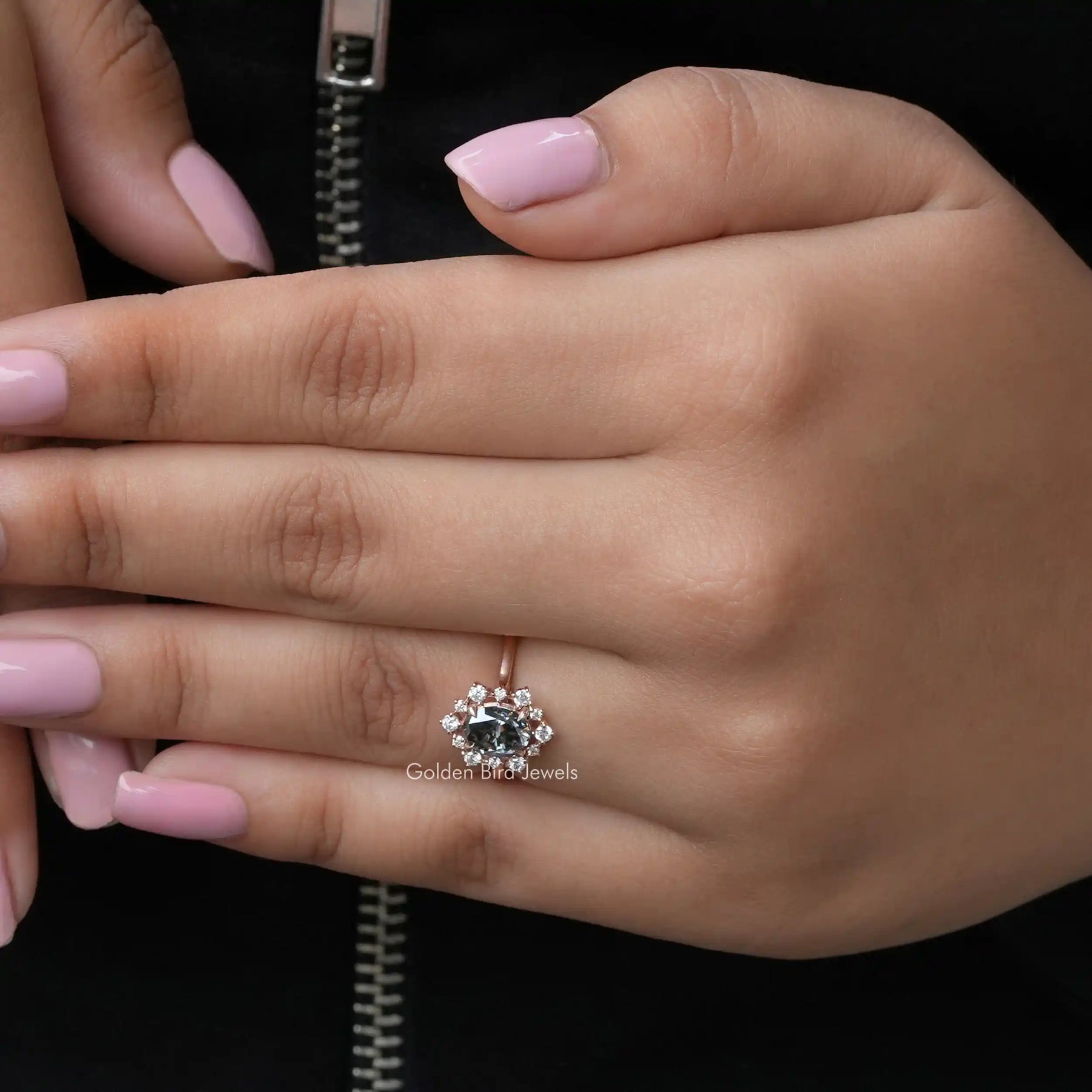 [This oval cut engagement ring set in halo style]-[Golden Bird Jewels]