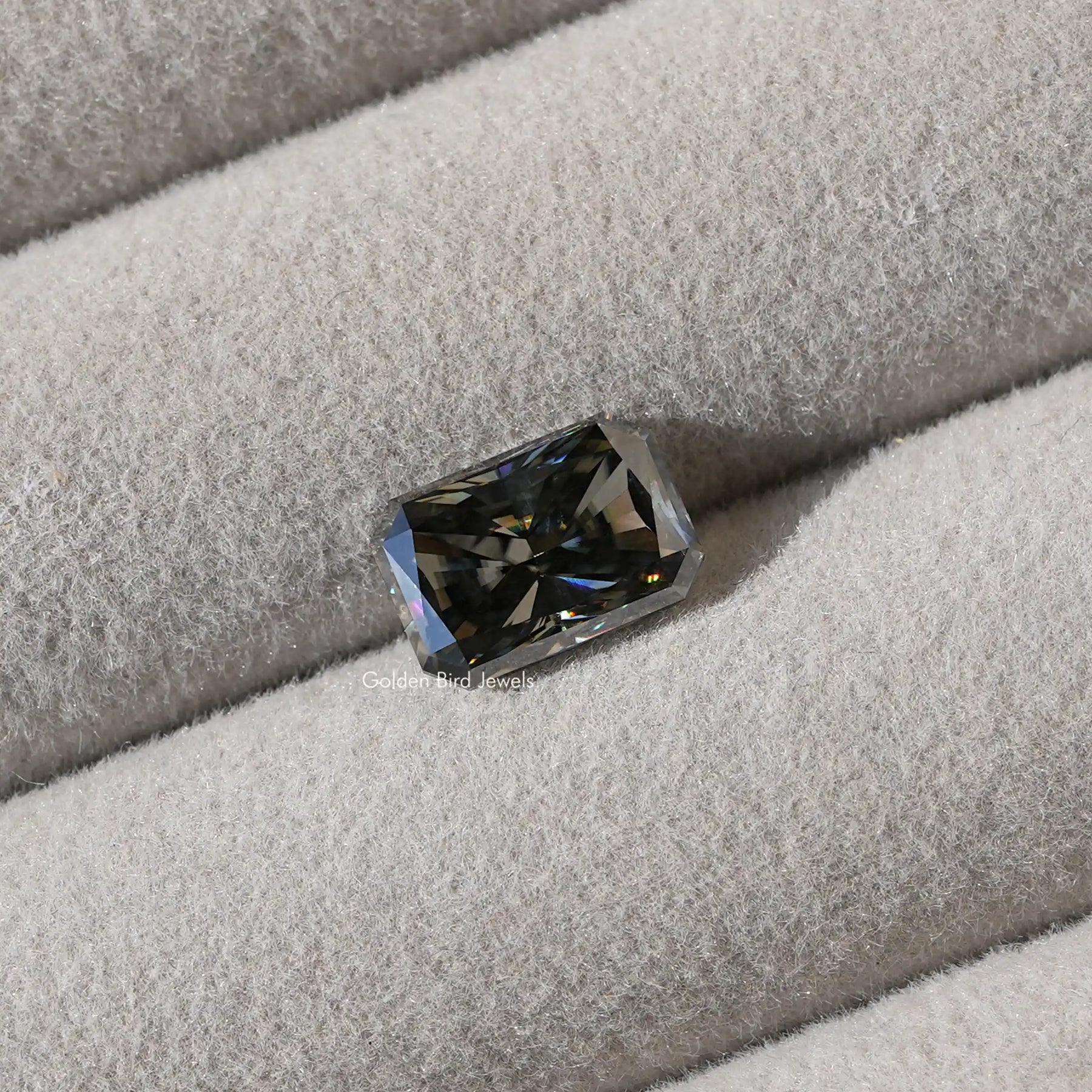 [Front view of gray radiant cut loose moissanite]-[Golden Bird Jewels]