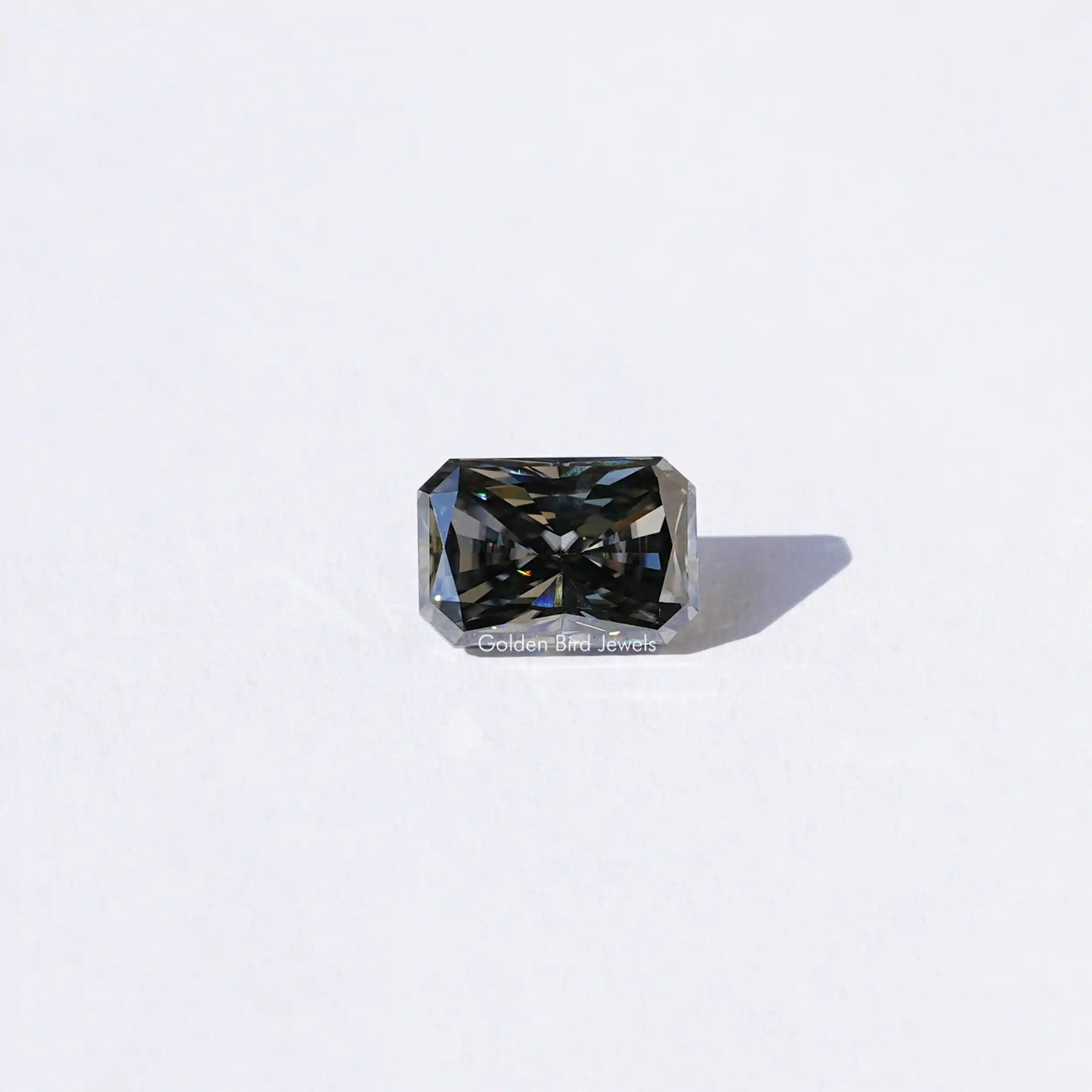 [Front view of gray radiant cut loose moissanite]-[Golden Bird Jewels]