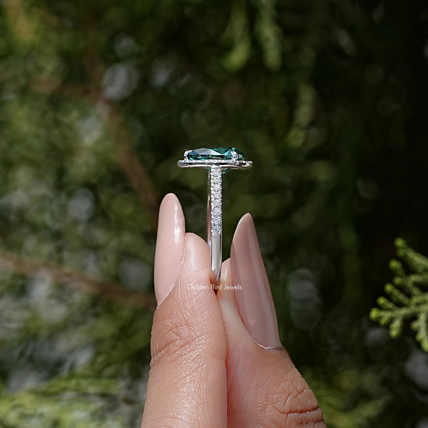 Pear Cut Moissanite Gemstone Accent Halo Ring