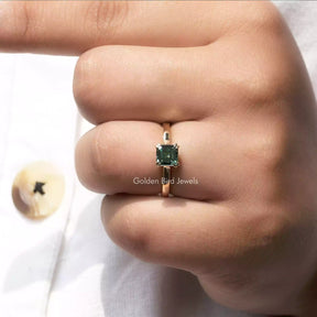 Detailed View Of Green Asscher Cut Moissanite Ring In Yellow Gold