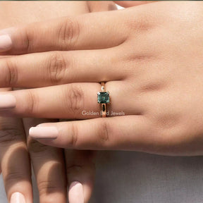 Solitaire Green Asscher Cut Moissanite Ring In Yellow Gold