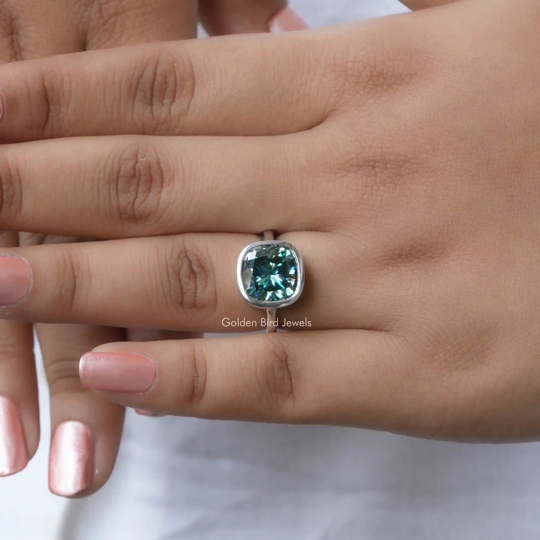 [Moissanite Cushion Cut Engagement Ring Made Of Bezel Setting]-[Golden Bird Jewels]