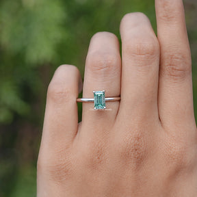 Green Emerald Cut Moissanite Solitaire Ring