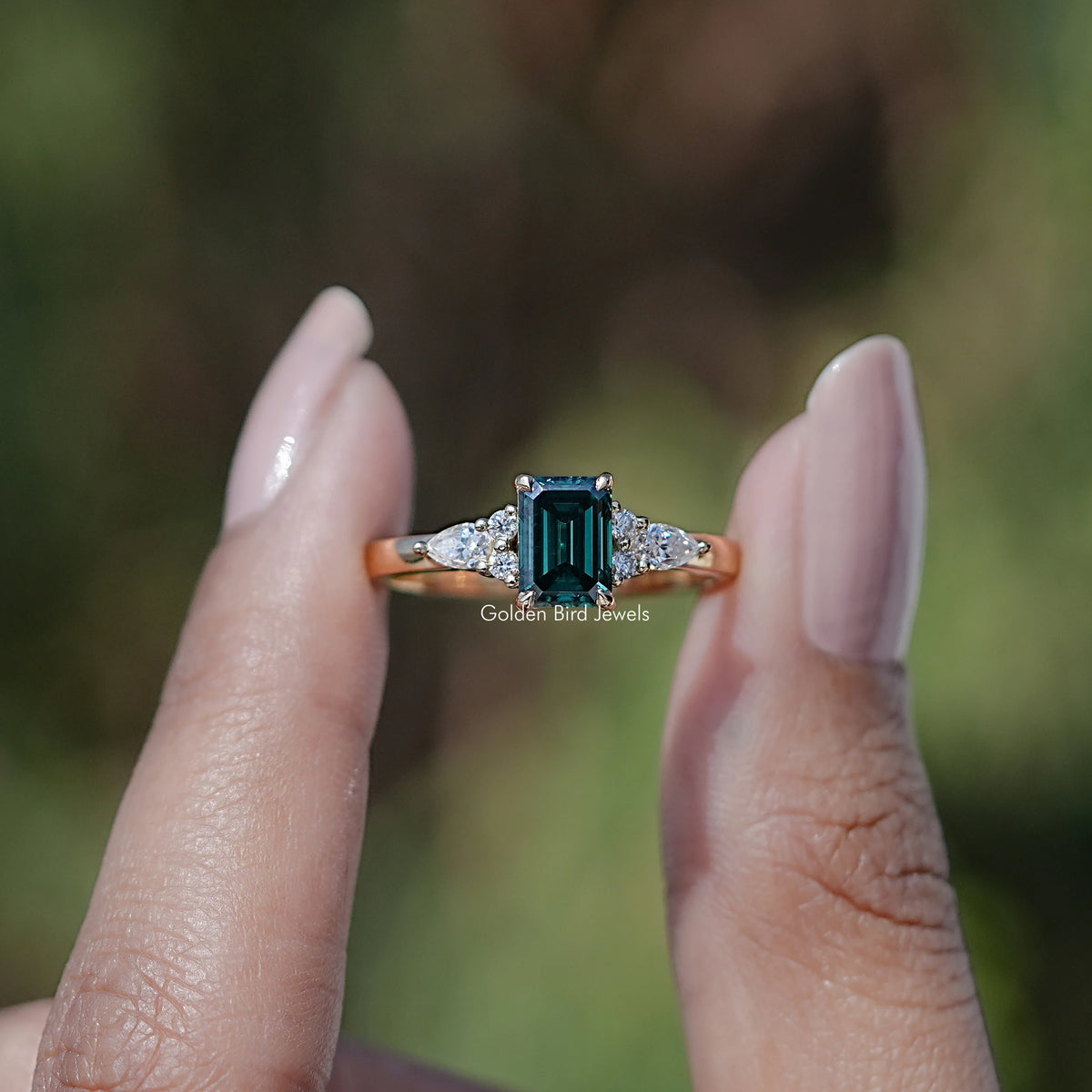 Front view of Green Emerald Moissanite Engagement Ring