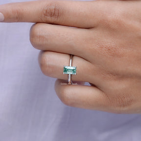Green Emerald Cut Moissanite Solitaire Ring