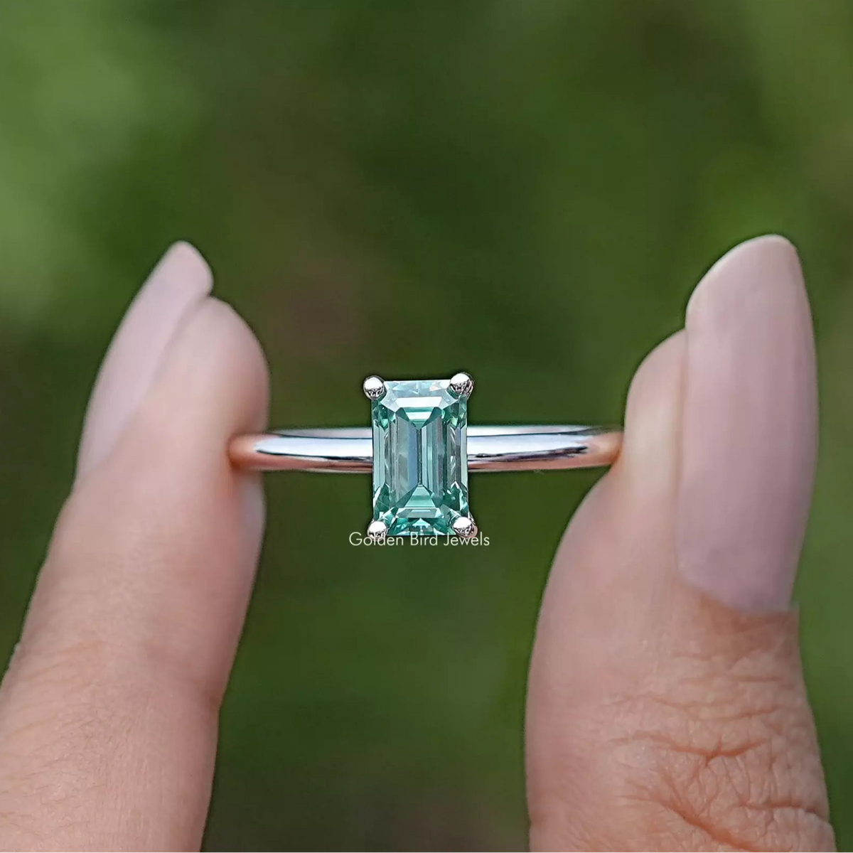 Green Emerald Cut Moissanite Solitaire Ring