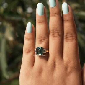 Detailed View Of Moissanite 3 Stone Emerald Cut Ring In White Gold
