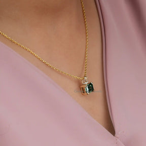 [In neck side view of prong setting emerald cut pendant]-[Golden Bird Jewels]