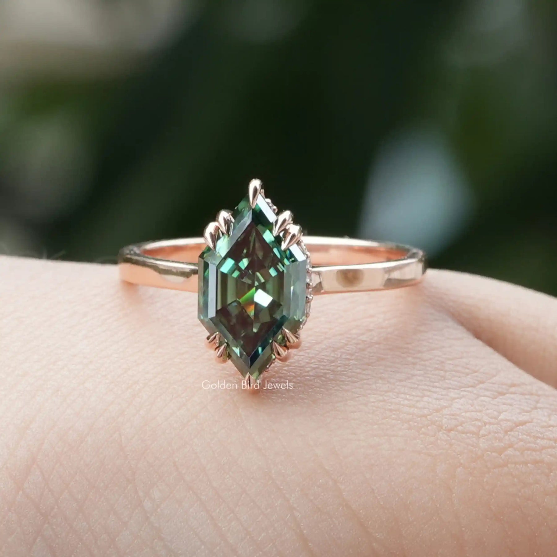 [Double Prong set Green Marquise Cut Solitaire Engagement Ring]-[Golden Bird Jewels]
