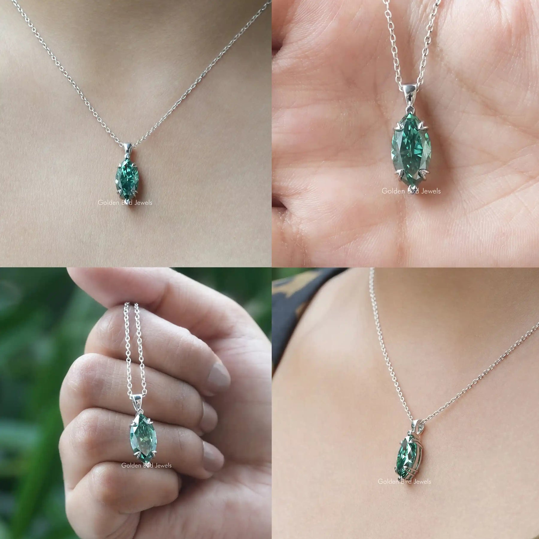 [Collage of green marquise cut moissanite pendant]-[Golden Bird Jewels]