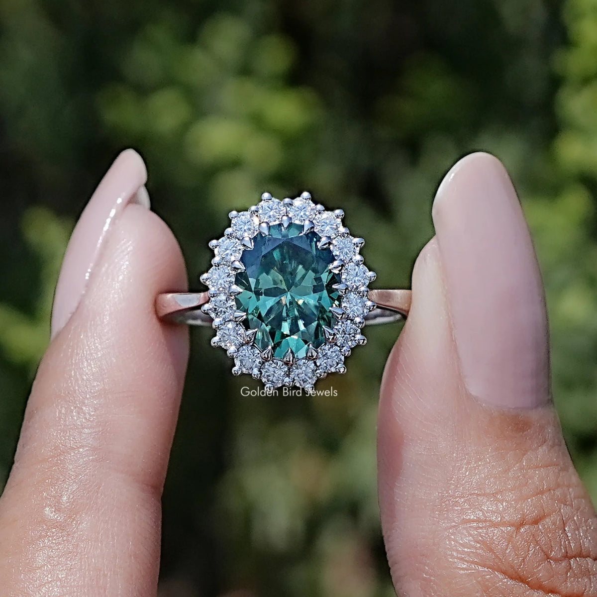Green Oval Cut Moissanite Halo Engagement Ring