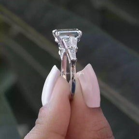 [In two finger side view of grey criss cut engagement ring set in double prongs]-[Golden Bird Jewels